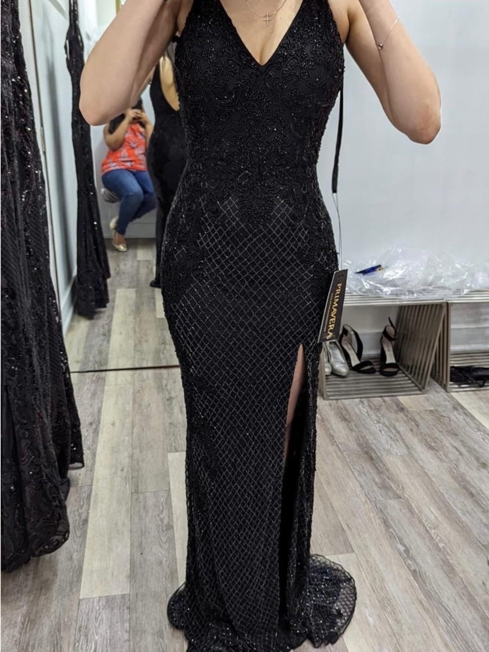 Primavera Black Beaded V-Neck Maxi Gown with Thigh Slit